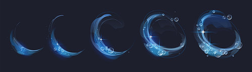 Round blue swirls, splash of water with bubbles isolated on black background. Animation sprite sheet of abstract circle wave, air vortex, clean and fresh effects, vector realistic set