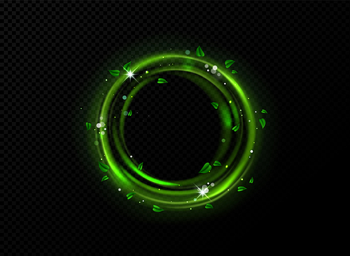 Green light circle frame with sparks and leaves motion effect. Magic glow with star dust and sparkles. Power of nature magician spell or portal hole, vortex isolated Realistic 3d Vector illustration