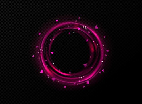 Purple round frame, light effect circle with sparks and hearts. Love magic glow border with star dust and sparkles. Saturated pink vortex, isolated magician spell Realistic 3d vector illustration
