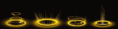 Yellow portal circles set isolated on black background. Realistic vector illustration of abstract circular magic light effect glowing, sparkling in darkness. Christmas miracle fantastic transformation