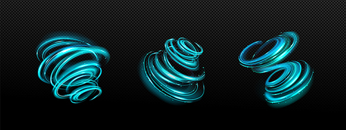 Abstract blue swirls png set isolated on transparent. Realistic vector illustration of sparkling magic effect, spiral tornado wind, fresh air vortex, glowing neon light trail with shimmering particles