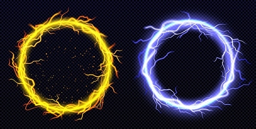 Set of round lightning frames png isolated on transparent background. Realistic vector illustration of magic energy effect circles in sparkling yellow and neon blue colors. Game ui design elements
