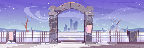 Winter landscape with stone arch entrance to public park or garden, snow, bare trees and city buildings on skyline. Vector cartoon illustration of fence with archway portal and snowfall