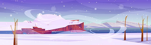Winter landscape with sea harbor, island with hill and mountains on horizon. Vector cartoon illustration of sea or lake coast, white snow, rocks and bare trees