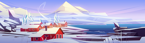 Nordic landscape with white mountains, village and lake or sea shore. Vector cartoon illustration of scandinavian nature scene with snow, rocks, fir trees and red houses with smoke from chimney