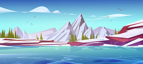Winter mountains scenery landscape, nature background with rocks covered with snow, conifers and frozen pond. Resort, wild park or garden with icy peaks under blue sky, Cartoon vector illustration
