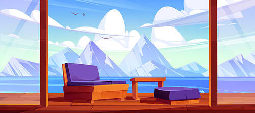 Terrace with mountain lake view. Home, villa or hotel area with sofa and ottoman stand on wooden patio with scenery nature landscape background with rocks and water pond, Cartoon vector illustration