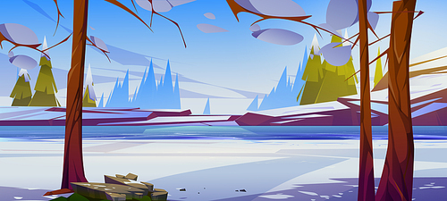 Winter landscape with frozen river, bare trees, coniferous forest and stones. Vector cartoon illustration of nature scene with white snow, ice on water and rocks