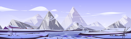 Nordic landscape with frozen lake and mountains in winter. Northern nature scene of valley with ice on river, snow and rocks on horizon, vector cartoon illustration