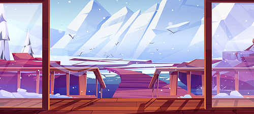 Home terrace view on wooden bridge or pier in sea at mountain winter landscape with rock white peaks, falling snow and spruces. Outdoor hotel or cottage veranda with porch, Cartoon vector illustration
