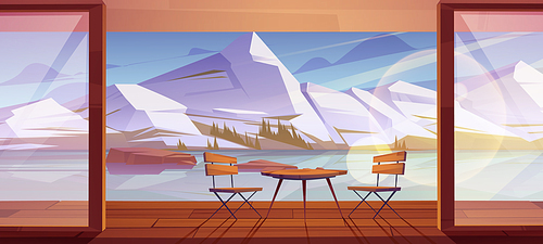 House terrace with furniture and view to mountain valley in winter. Vector cartoon illustration of nordic landscape with frozen river, rocks with snow and cottage wooden veranda with table and chairs