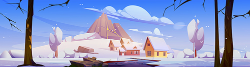 Winter landscape with mountain, houses and white snow. Vector cartoon illustration of village with cottages on foothills of sleeping volcano, road and bare trees