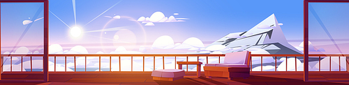 High mountain landscape with wooden house terrace and white clouds. Vector cartoon illustration of cottage or chalet veranda or balcony with couch and table and panorama of snow rock summit