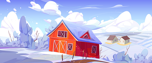 Winter countryside landscape with farm barn, agriculture field and houses. Vector cartoon illustration of rural scene, farmland with granary, road, fence and white snow on trees and bushes