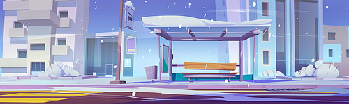 Empty bus stop in winter city. Cartoon vector illustration of public transport station covered with snow against urban architecture background. Snowfall in town street with modern buildings and road