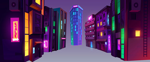 City buildings at night in perspective view. Urban landscape elements, houses and skyscraper with neon signboards and glowing windows, vector cartoon set isolated on background