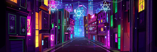 Night city street perspective view with neon illumination and christmas decor. Modern megalopolis district with multistorey houses glow with bright lights, snowflake lamps, Cartoon vector illustration