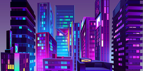 Night city with neon glowing illumination view from roof. Modern futuristic megalopolis architecture buildings. Urban cityscape background with residential constructions, Cartoon vector Illustration