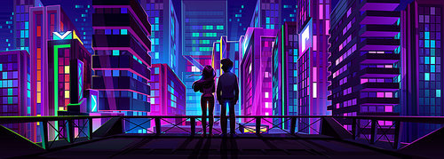 Young couple looking on night city from rooftop. Man and woman stand on skyscraper roof enjoying romantic dating with futuristic neon glowing cityscape view, Cartoon vector Illustration