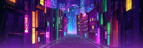 Rainy weather in night city street with neon lights. Vector cartoon illustration of rainfall in modern megalopolis with shops, apartment buildings. Windows of skyscrapers glowing in different colors