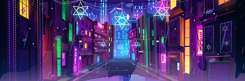 Hanukkah decoration on city street at night. Urban landscape with houses and skyscrapers with glowing windows and bright stars of david, vector cartoon illustration