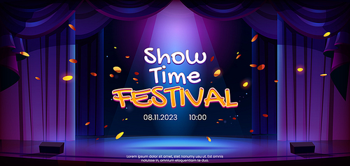 Festival announcement poster with lettering on stage background. Cartoon vector illustration of concert hall with podium for performance illuminated by light beam decorated with curtains and confetti