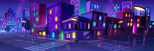 City landscape with houses, car road with street lights and trees in rain at night. Thunderstorm with lightning in old town with buildings and crossroad, vector cartoon illustration