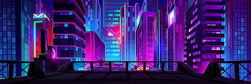 Rooftop view of night cityscape with neon lights. Modern megalopolis architecture, apartment buildings, colorful skyscrapers glowing in darkness. Big city life background. Vector cartoon illustration