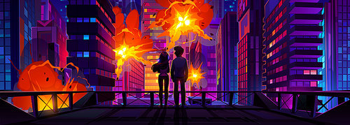 Silhouettes of couple watching explosions in city. Rooftop view of night cityscape with modern skyscrapers damaged by blasts, fire. War, enemy attack destroying buildings. Vector cartoon illustration