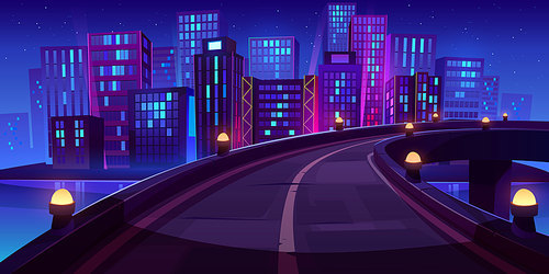 Night city skyline view from bridge, road with glow street lamps, railings and metropolis cityscape with neon glowing skyscraper buildings, urban architecture. House towers Cartoon vector illustration