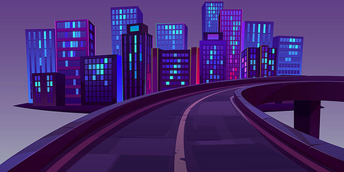 Night cityscape and highway flyover or bridge isolated on grey background. Cartoon vector illustration of dark modern city skyscrapers with illuminated neon windows. Futuristic urban background