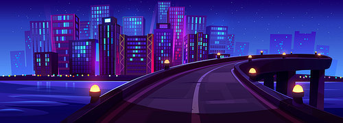 Bridge above river and city skyline with neon lights at night. Urban landscape with empty overpass highway, town buildings and skyscrapers on horizon, vector cartoon illustration