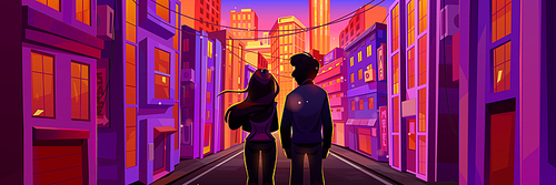 Couple walk on city street in evening. Urban landscape with houses, skyscrapers, road and back view of man and woman silhouettes at sunset, vector cartoon illustration