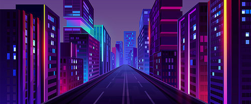 City street with houses and buildings with glowing windows at night. Cityscape with empty road, houses and skyscrapers with neon color ligth, isolated skyline on background vector cartoon illustration