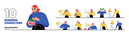 Set of business characters. Men and women count money, startup launch, push start button and rocket fly up. Manager analysing company statistics, idea light bulb, Line art flat vector illustration