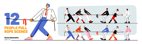 Set of people pull rope scenes. Business teams tug of war battle. Opposite groups competition or rivalry. Characters fighting for leadership, arguing, wrestling, Line art flat vector illustration