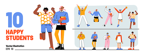 Set of happy students, school children, multicultural young girls and boys with backpacks holding books and smartphones. Happy diverse teenagers, classmates rejoice together Linear vector illustration
