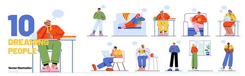 People dream, think while relax on couch and chair, look out window, standing and sitting at workplace. Diverse men and women with thought bubbles, vector flat illustration