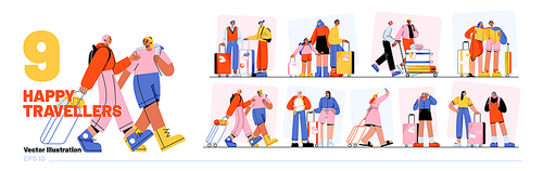 Happy people travelling set isolated on white background. Flat vector illustration of family, friends, couple enjoying vacation trip. Male and female tourists with bags in airport, at railway station