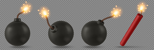 Bombs and dynamite stick with burning fuse. Explosive military tnt weapon or firecrackers with sparkling wick. Black balls, equipment with detonator for destroying or terrorism Realistic 3d vector set