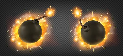 Explosion of bomb with burning wick with fire and sparks. Vector realistic set of 3d black round ball with rope fuse and blast isolated on transparent background