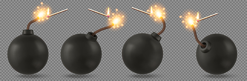 Black bombs with burning fuse and matches with fire, explosive dynamite with rope wick isolated on transparent background. Dangerous destruction spheres with sparks, Realistic 3d vector illustration