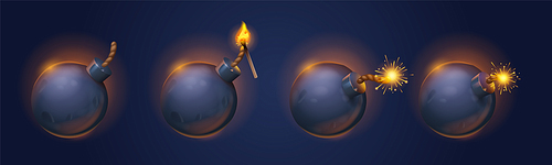 Black bomb balls with burning fuse and match with fire, explosive dynamite with rope wick. Isolated dangerous destruction spheres with sparks graphic design elements, Realistic 3d vector illustration