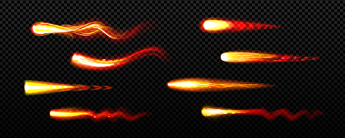Fire trails, flying asteroids, comets, glowing lines with light sparks, cracker, magic fire ball or wand trace motion vfx effect. Isolated petards, bright glow sparkles, Realistic 3d vector set