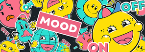 Y2k banner, mood on off concept with funny characters yellow emoji face, flower, apple and Earth globe smile and feel positive or sad emotions. Cartoon retro vector background in trendy style
