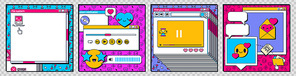 Retro desktop computer interface with windows, folders, music player and smiling icons. Social media posts template in y2k style with old pc screen elements, vector cartoon set