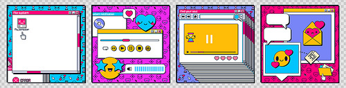 Retro desktop computer interface with windows, folders, music player and smiling icons. Social media posts template in y2k style with old pc screen elements, vector cartoon set