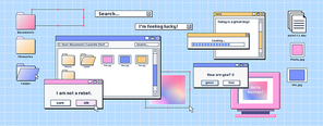 Personal computer screen with old software windows open on desktop. Vector illustration of folder, file, document thumbnails, loading progress bar and pop-up notifications. Retro user interface design