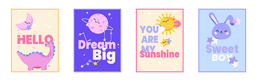 Cute set of colorful boho clipart nursery posters. Cartoon vector illustration of baby shower card or bedroom decoration with sweet dinosaur, sun, moon, star and planet characters in pastel colors