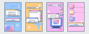 Social media posters template with retro desktop computer interface with message frames, loading bars, buttons and folders. Old pc screen layouts, vector cartoon set
